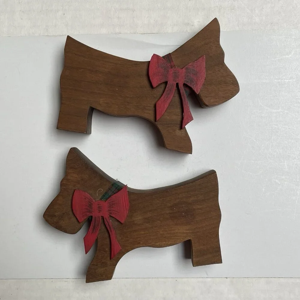 Wooden Scotty Dog Terrier Figurine Red Bow Git Christmas Decor Home Putppy
